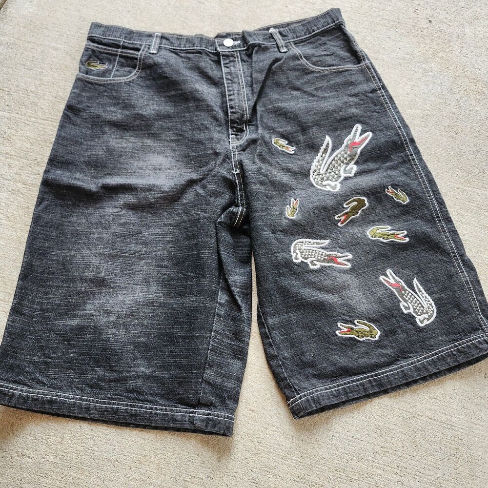 VTG Lacoste Mens 40 Waist Denim Shorts Embroidered Crocodiles Skate Alligator